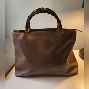 Gucci Bamboo Handle Tote Bag Leather Brown Large Vintage READ